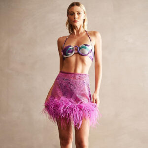 Guipure Lace Feathered Mini Skirt Lilac